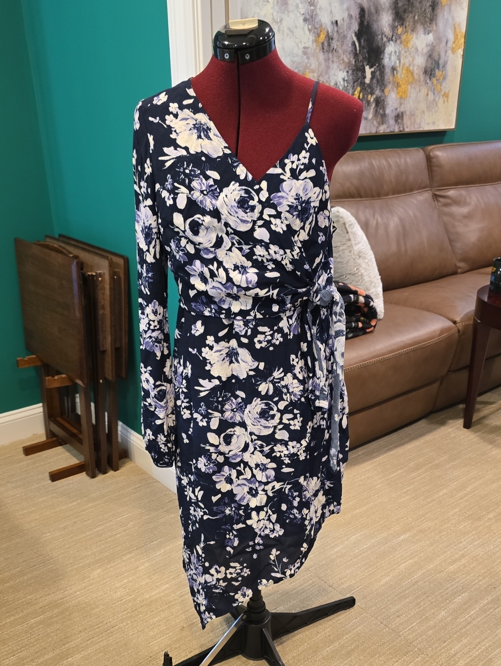 The Room Navy Floral Asymmetrical Wrap Dress with Lilac Accents, Size L